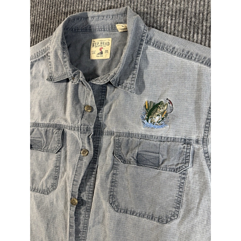 RedHead Men's Gray Chambray Short Sleeve Button-Up Cotton Shirt Fish L - Picture 2 of 8